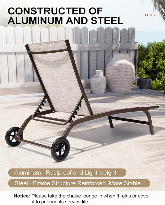 Crestlive Products Aluminum Chaise Lounge Chairs with Wheels Outdoor Adjustable Recliner Five-Position and Full Flat All Weather for Patio, Beach, Yard, Pool (2PCS Beige)