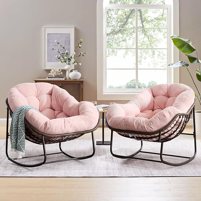 Large Indoor Rocking Chair, Oversized Rocking Papasan Chair with Thick Cushion and Frame,Comfy Corduroy Rocker Wicker Egg Chairs Lounge Reading Chair for Living Room, Bedroom, Apartment, Pink