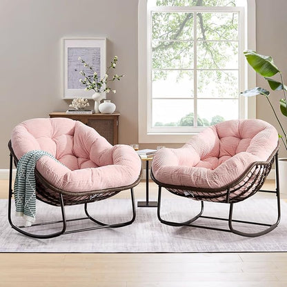 Large Indoor Rocking Chair, Oversized Rocking Papasan Chair with Thick Cushion and Frame,Comfy Corduroy Rocker Wicker Egg Chairs Lounge Reading Chair for Living Room, Bedroom, Apartment, Pink