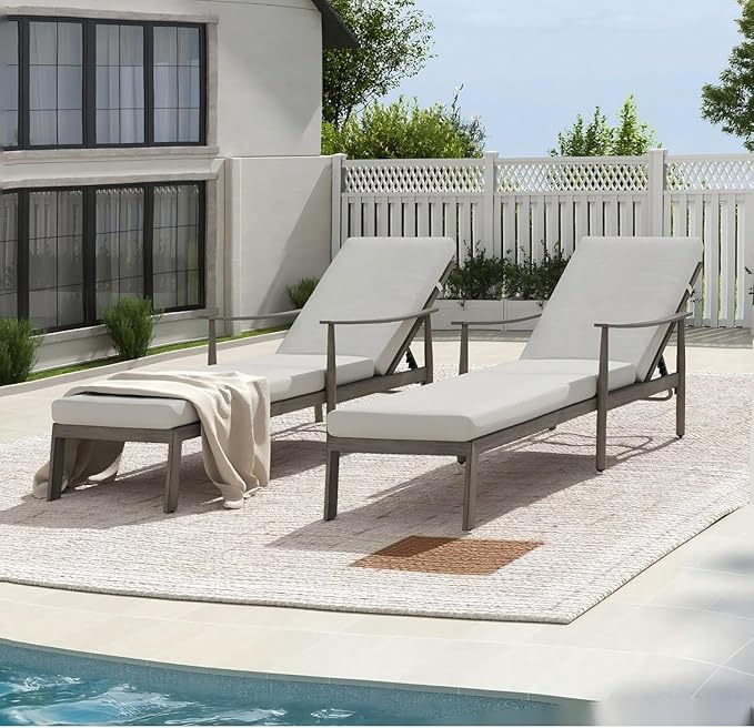 HAPPATIO Outdoor Chaise Lounge Chair Set of 2, Aluminum Pool Chair with Adjustable Backrest and Cushion, Curved Armrest, Outdoor Lounge Chair for Beach, Yard, Poolside (Grey)