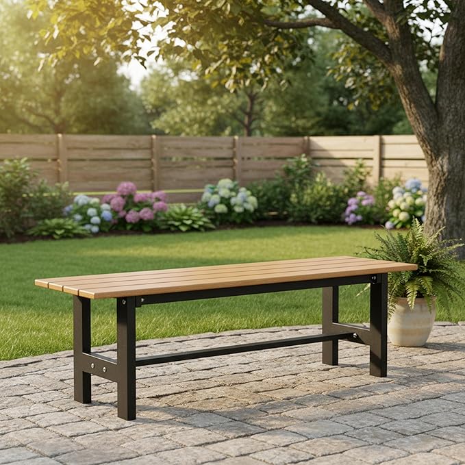 Tangkula 47 Inch HDPE Outdoor Bench Backless, Patio Garden Dining Bench with Slatted Seat & Heavy-duty Metal Frame, 660 LBS Capacity, Weatherproof Outside Bench for Park, Yard, Entryway & Porch, Brown