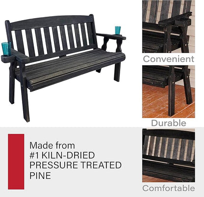 Amish Casual Heavy Duty 800 Lb Mission Pressure Treated Garden Bench with Cupholders (5 Foot, Semi-Solid Black Stain)
