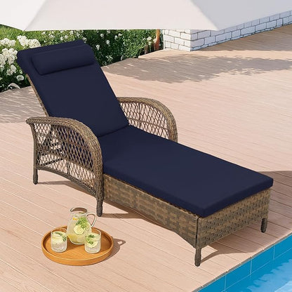 HOMEDIARY Outdoor Wicker Lounge Chair with Cushion, 6-Position Adjustable Patio Chaise Lounge, All Weather Lay Flat Pool Sunbathing Recliner Chair, Armrest and Head Pillow, Fade-Resistant, Navy Blue