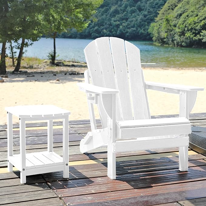 Folding Adirondack Chair, HDPE Outdoor Texture Lawn Chair with Reclining Back, Cup and Phone Holder - Comfortable Firepit Chair Weather Resistant for Patio or Backyard (White, Set of 2)