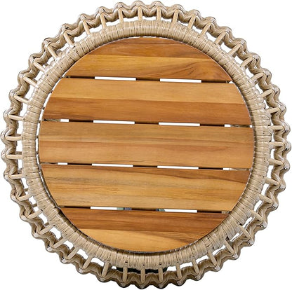 Merax Bohemian Round Outdoor Side Table with Acacia Wood Top and Wicker Base, Boho Rattan Coffee Table for Garden, Pool, Deck, Balcony, Yard, Patio, Light Brown