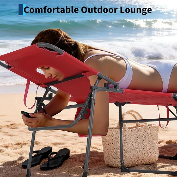 Tanning Chair with Face Hole Folding Beach Lounge Chair,5-Position Adjustable Backrest, Pillow & Side Pocket,Portable Face Down Chaise Lounge for Outdoor Backyard Poolside,Beach, Patio,Red