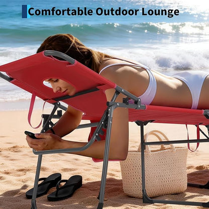 Tanning Chair with Face Hole Folding Beach Lounge Chair,5-Position Adjustable Backrest, Pillow & Side Pocket,Portable Face Down Chaise Lounge for Outdoor Backyard Poolside,Beach, Patio,Red