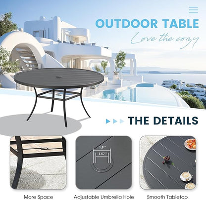 Patio Dining Table for 6-8, Round Metal Outdoor Table with 1.57" Umbrella Hole, 50" Outdoor Slat Tabletop Dining Table for Backyard, Porch, Lawn, Black