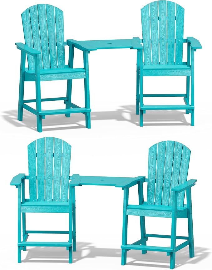 YEFU Tall Adirondack Chair Set of 4, Balcony Chair with Connecting Table, Poly Lumber Adirondack Chair, Patio Bar Stools, 380lbs, Weather Resistant for Outdoor Deck Lawn Pool-Aruba Blue
