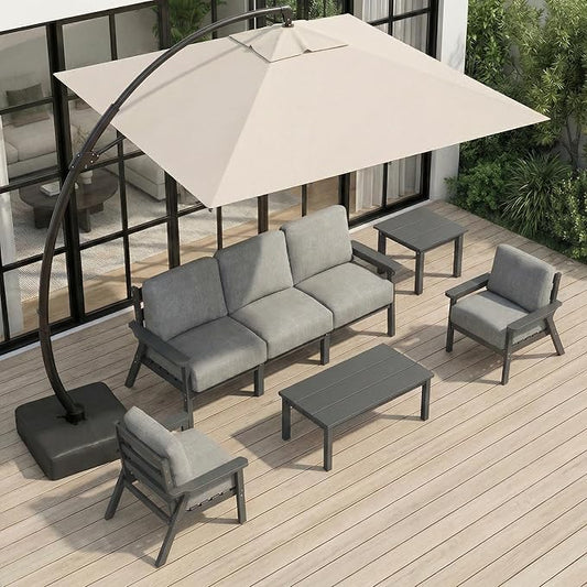 HDPE Patio Furniture Set with Cantilever Umbrella, Outdoor Couch with Washable Thick Gray Cushions & Tables, Outdoor Sectional Furniture for Deck, Lawn, Porch (Gray Frame)