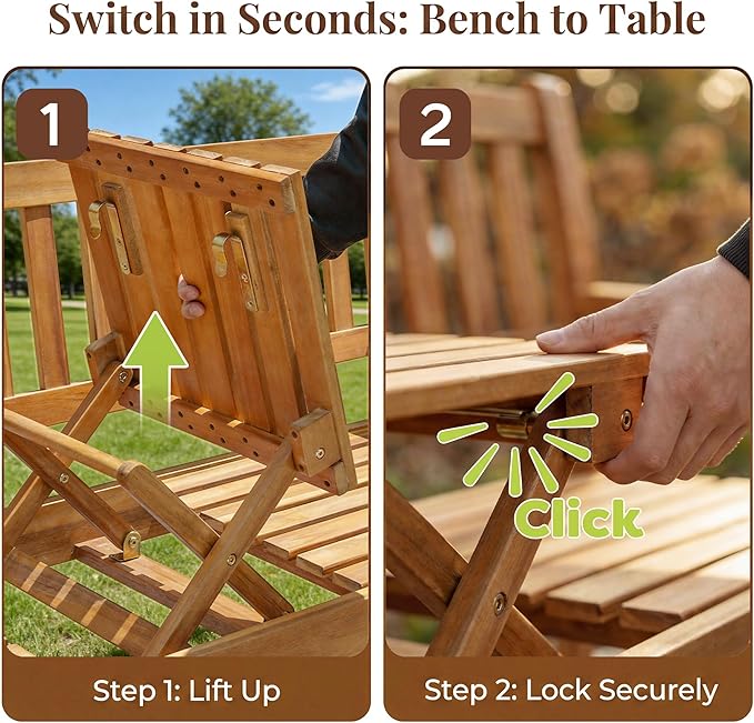 Flamaker Outdoor Bench with Pull-Up Center Table, Acacia Wood Bench Folding Loveseat for 2 Person, Weather-Resistant Patio Seating for Garden, Backyard, Porch, Poolside, Log Brown
