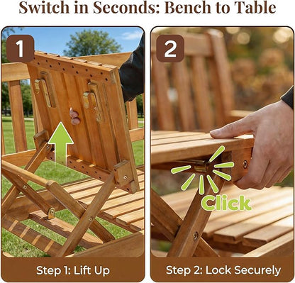 Flamaker Outdoor Bench with Pull-Up Center Table, Acacia Wood Bench Folding Loveseat for 2 Person, Weather-Resistant Patio Seating for Garden, Backyard, Porch, Poolside, Log Brown