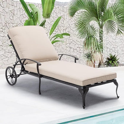 HOMEFUN Outdoor Chaise Lounge Chair with Cushion - Poolside Set of 1 Chair for Outside Cast Aluminum Waterproof Lounger with Wheels and Adjustable Reclining (Beige Cushion)