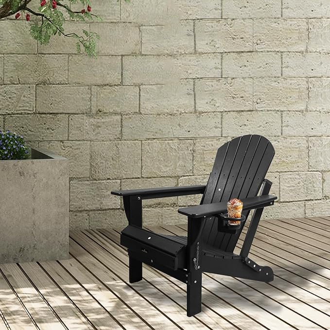 HDPE Folding Adirondack Chair Set of 2 with Cup Holder, 380lbs Modern Adirondack Chair Weather Resistant, Outdoor Patio Chair for Fire Pit, Garden,Backyard,Porch,Pool,Deck,Black