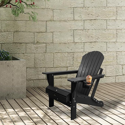 HDPE Folding Adirondack Chair Set of 2 with Cup Holder, 380lbs Modern Adirondack Chair Weather Resistant, Outdoor Patio Chair for Fire Pit, Garden,Backyard,Porch,Pool,Deck,Black