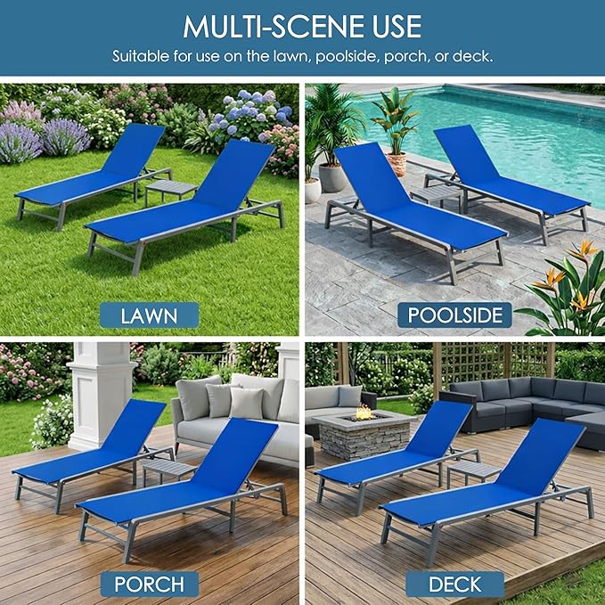 Kozyard 3-Pieces Patio Lounge Set, 2Foldable Adjustable Lounge Chairs and Side Table, Aluminum Frame, Breathable Textilene Fabric, Assemble-Free, Reclining to Flat for Pool, Beach (Blue)