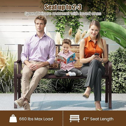 Tangkula 51” Metal Outdoor Park Bench, Patio Garden Bench with Rattan Backrest & Curved Armrests, Heavy-Duty Outside Loveseat for 2-3, Heavy-Duty Outdoor Seating for Backyard, Lawn, Porch