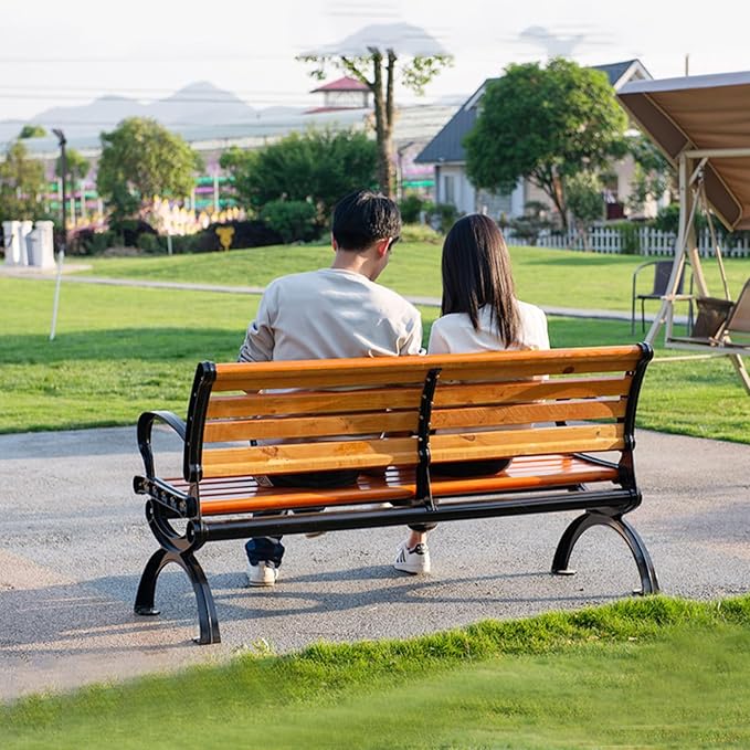 Outdoor Benches with Backrest and Armrests,Patio Garden Bench Park Porch Chair,Park Bench,Metal and Wood Benches,Porch Bench for Backyard, Deck, Lawn, Outside Pool(47in/120cm)