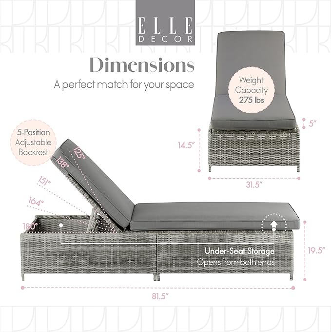 Elle Decor Vallauris Patio Outdoor Furniture Collection, Premium All Weather Wicker, Storage Chaise Lounge, Gray - Photo 3