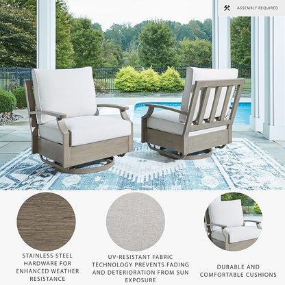 Signature Design by Ashley Rainier Ranch Contemporary Nuvella Weather Resistant Fabric Outdoor High Back Swivel Glider Chair with Cushion, Light Brown & Beige