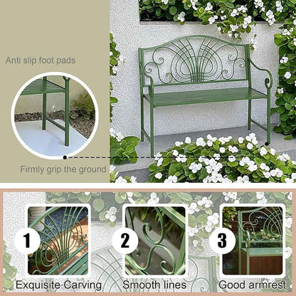 43" Outdoor Metal Garden Bench，Patio Bench，Porch Bench Chair,Outdoor Bench 2-Person,Iron Steel Frame Patio Bench,with Backrest and Armrests,Porch Bench for Poolside, Balcony,Green