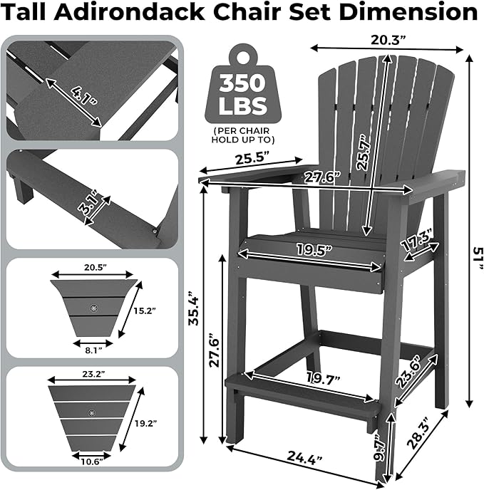 GAOMON Tall Adirondack Chairs Set of 2, Recycled HDPE Bar Height Patio Chairs with 2 Removable Connecting Trays & Umbrella Hole, Heavy Duty Outdoor Furniture for Deck, Backyard, Garden, Balcony, Grey