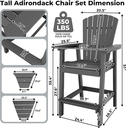 GAOMON Tall Adirondack Chairs Set of 2, Recycled HDPE Bar Height Patio Chairs with 2 Removable Connecting Trays & Umbrella Hole, Heavy Duty Outdoor Furniture for Deck, Backyard, Garden, Balcony, Grey