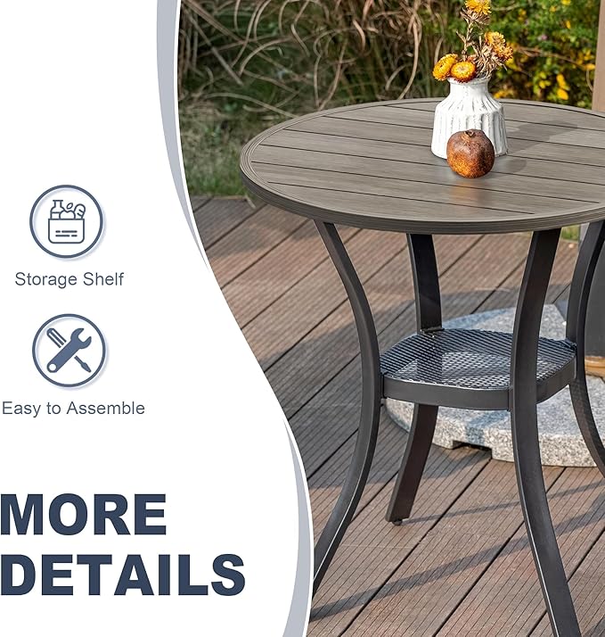 VICLLAX Round Patio Dining Table, Metal Outdoor Bistro Table with Storage Shelf for Balcony Garden Deck, 27.6" Grey