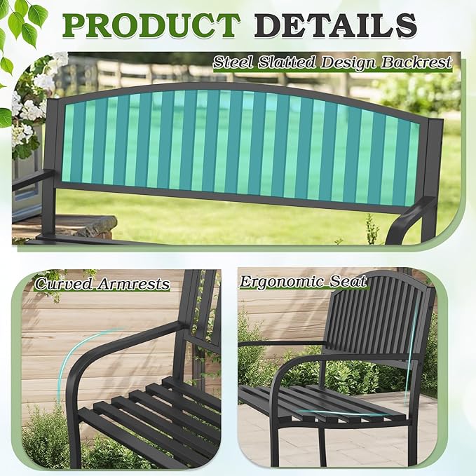 50" Outdoor Garden Bench, Iron Metal Frame Patio Bench with Backrest Armrests, Weatherproof Anti-Rust Outdoor Bench for Front Porch, Park, Yard, Patio (402-32BK)