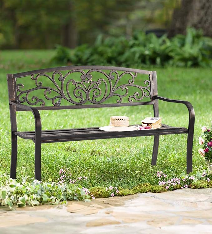 Patio Garden Bench Outdoor Metal Bench Park Yard Furniture Cast Iron Loveseats with Armrests for Porch Backyard Lawn Deck