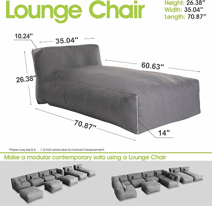 Dineli Chaise Lounge Chair Outdoor Bed Lounger Outdoor Couch Sofa for Pool Comfy Patio Furniture Foam Filling Bean Bed Chair Lazy Sofa for Outside, Water-Resistant Sunbed (Charcoal Gray, 70'' Length)