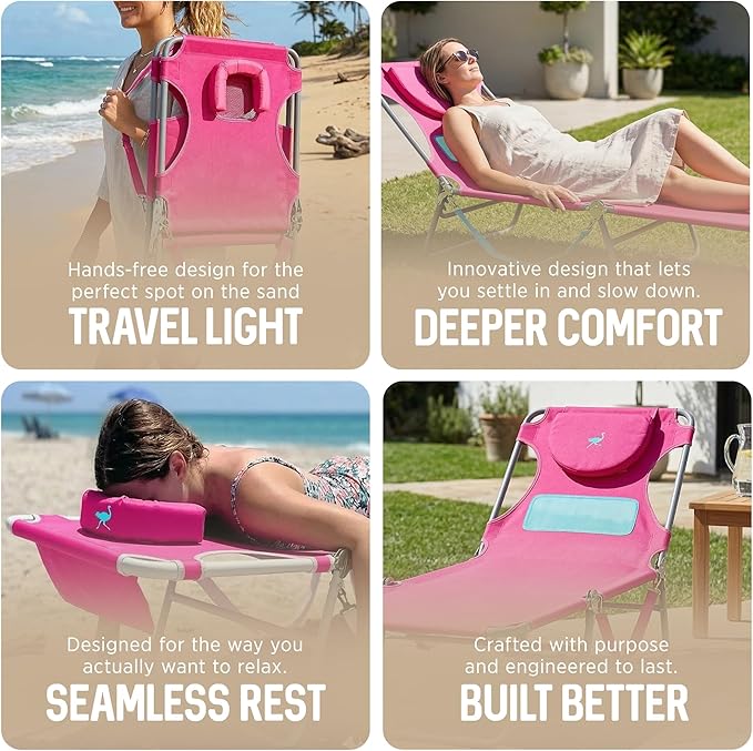 Ostrich the Ladies Comfort Lounger with Chest Support, Foldable and Portable Reclining Outdoor Patio Beach Lawn Camping Pool Tanning Chair, Pink