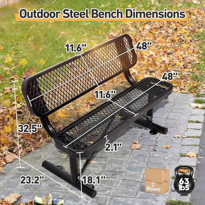 Outdoor Garden Bench, Cast Iron Metal Frame Patio Park Bench with Backrest, Portable Expanded Metal Black Bench, Commercial-Grade Outdoor Seating for Lawn, Patio, Park, Yard, Garden (Black, 4FT/48'')