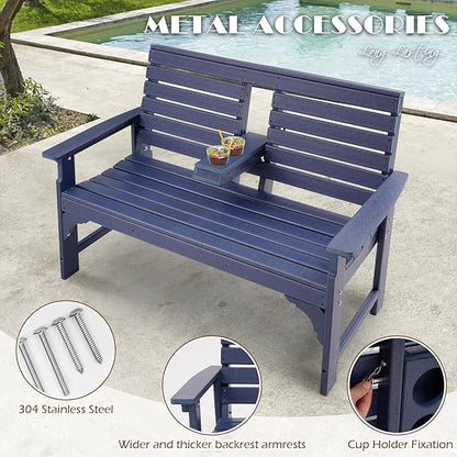 HDPE Outdoor Bench with Cup Holders, All Weather Garden Bench Suitable for 2-3 Person, Patio Benches Furniture with High Backrest and Wide Armrests for Front Porch, Garden, Backyard and Park, Blue