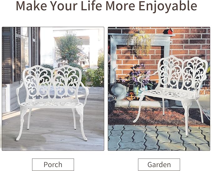 HOMEFUN Outdoor Bench, Patio Garden Benches Waterproof Metal Loveseat Cast-Aluminum Outdside Furniture for Park Lawn Front Porch White