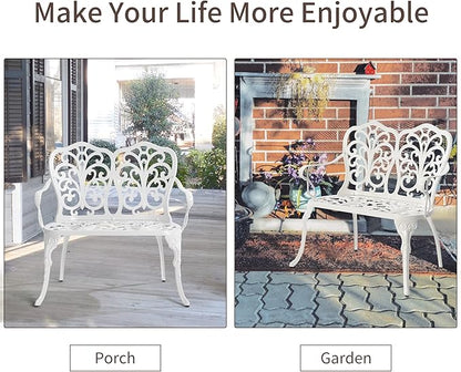 HOMEFUN Outdoor Bench, Patio Garden Benches Waterproof Metal Loveseat Cast-Aluminum Outdside Furniture for Park Lawn Front Porch White