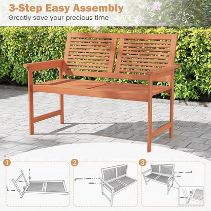 Tangkula Outdoor Wood Bench, 2-Person Heavy Duty Patio Loveseat Chair with Slatted Backrest and Seat, Outisde Wooden Bench for Front Porch, Lawn, Park and Backyard
