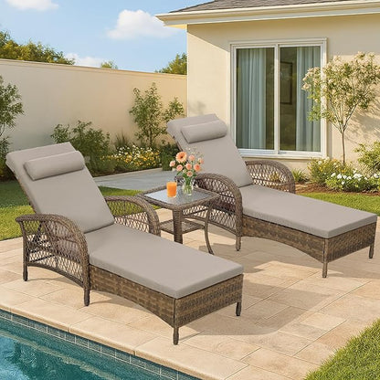 HOMEDIARY 3-Piece Outdoor Wicker Lounge Chair Set, Patio Chaise Loungers Set of 2 w/Side Table, 6-Position Adjustable Poolside Sunbathing Recliner, Armrest and Head Pillow, Fade-Resistant, Beige