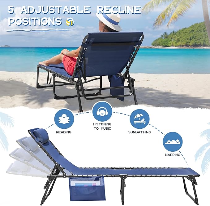 Devoko Lounge Beach Chair for Adults, Outdoor Sun Tanning Chair, Portable Folding Camping Lay Chaise Lounge Chairs for Outside Beach Pool Reading, Sunbathing (1, Blue)
