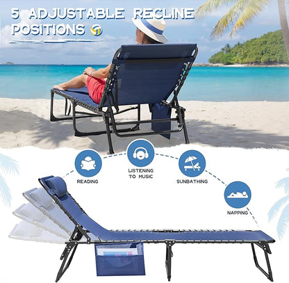 Devoko Lounge Beach Chair for Adults, Outdoor Sun Tanning Chair, Portable Folding Camping Lay Chaise Lounge Chairs for Outside Beach Pool Reading, Sunbathing (1, Blue)