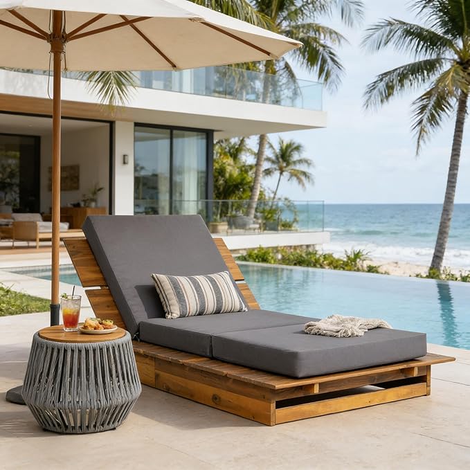 Christopher Knight Home Bard Patio Chaise Lounge Chair Outdoor, Acacia Wood Poolside Sun Lounger with 3-Folds Cushion - Photo 4