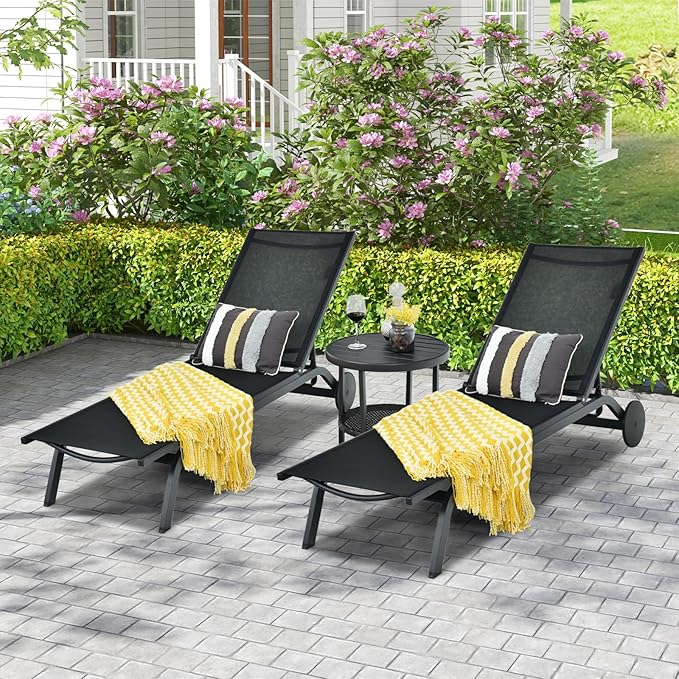 COSTWAY Outdoor Patio Chaise Lounge, 6-Position Adjustable Pool Lounger with Stable Aluminum Frame, Portable Sun Bathing Lounge Chair on Wheels for Backyard Garden, Black