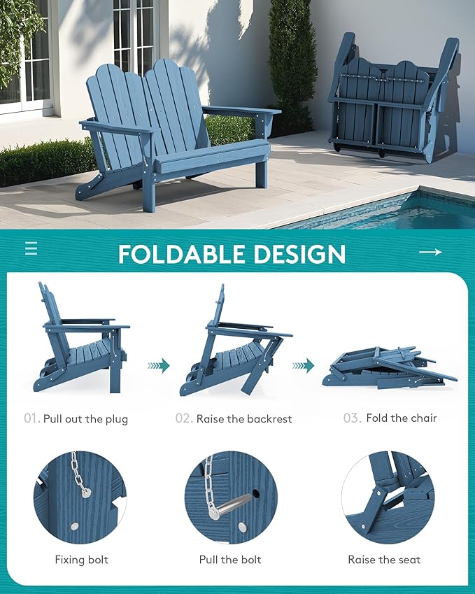 SERWALL Folding Adirondack Bench, HDPE All-Weather Adirondack Loveseat Set of 2, Navy - Photo 5