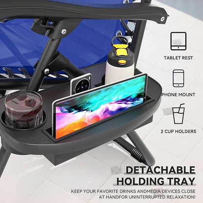 Zero Gravity Chair, Portable Outdoor Chair, Reclining Patio Lounge Chair with Adjustable Pillow and Cup Holder Trays for Outdoor, Patio, Beach, Camping, Garden, Poolside, Blue
