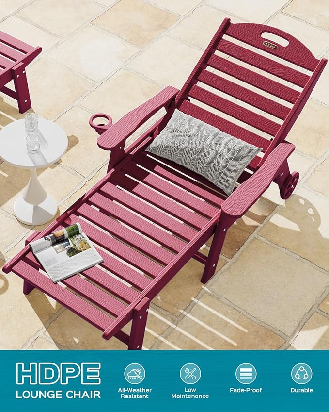 Chaise Lounge Chair Outdoor with Wheels, Adjustable 5-Position Chaise Lounge Outdoor with Wood Texture, Patio Lounge Chair for Poolside Backyard, Red