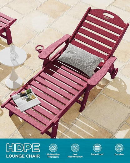 Chaise Lounge Chair Outdoor with Wheels Set of 2, Adjustable 5-Position Chaise Lounge Outdoor with Wood Texture, Patio Lounge Chair for Poolside Backyard, Red