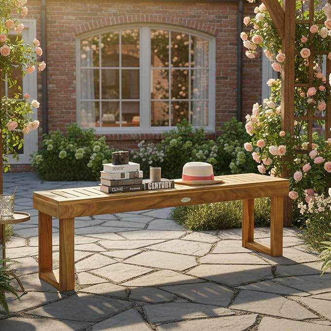 Tangkula 52" Acacia Wood Outdoor Bench Set of 2, Wood Patio Dining Bench with Slatted Seat, Wooden Backless Garden Bench for Outdoors & Indoors, Outside Bench for Deck, Poolside, Yard & Porch