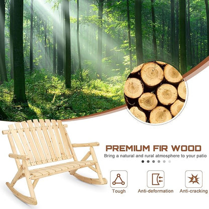 HOMEDIARY Outdoor Wood Rocking Bench, 2-Person Rustic Adirondack Log Rocker with Slatted Seat, High Backrest/Armrests, Double Wooden Patio Porch Rocking Loveseat for Garden Backyard Porch, Natural