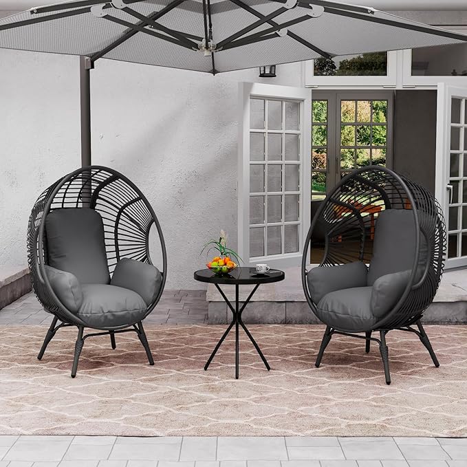 Oversized Wicker Egg Chair, Outdoor Indoor Rattan Patio Egg Lounge Chairs with Cushion 500lbs Capacity for Living Room, Balcony, Backyard (2 PCS, Black-Regular)