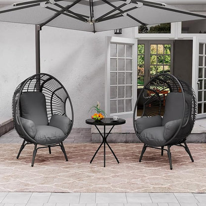 Oversized Wicker Egg Chair, Outdoor Indoor Rattan Patio Egg Lounge Chairs with Cushion 500lbs Capacity for Living Room, Balcony, Backyard (2 PCS, Black-Regular)